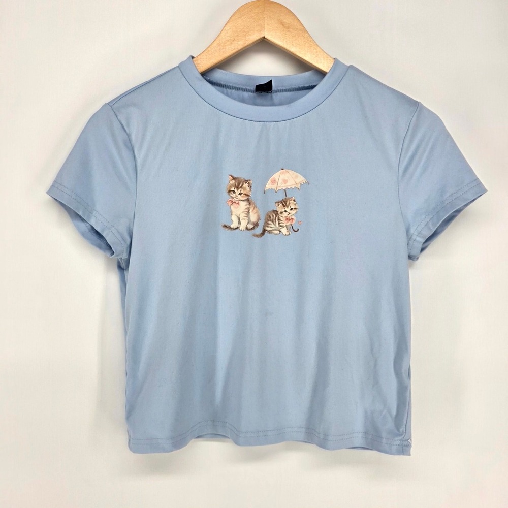 Graphic Y2K Tee Women M Light Blue Kitten Core Umbrella Coquette Baby Tee Boho
